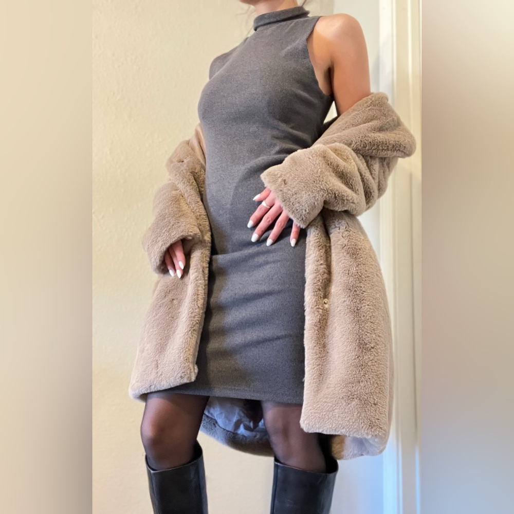 Alternative Apparel Mock Neck Ribbed Knit Dress Small Gray Bodycon sleeveless